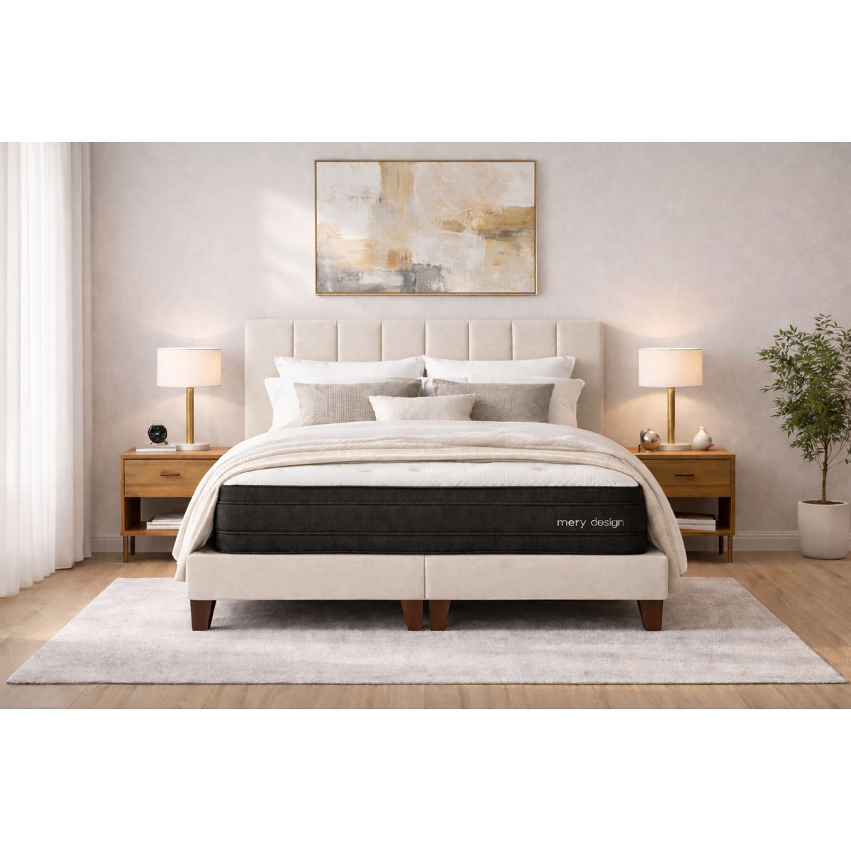 GENERICO - Cama 2 Plazas Completa Crudo En Lino - Base Europea + Colchón Excellense Plus 25CM + Respaldo Tapizado