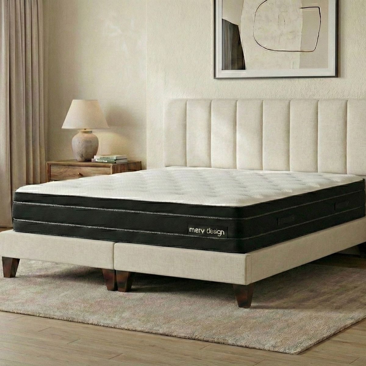 GENERICO - Cama 2 Plazas Completa Crudo En Lino - Base Europea + Colchón Excellense Plus 25CM + Respaldo Tapizado