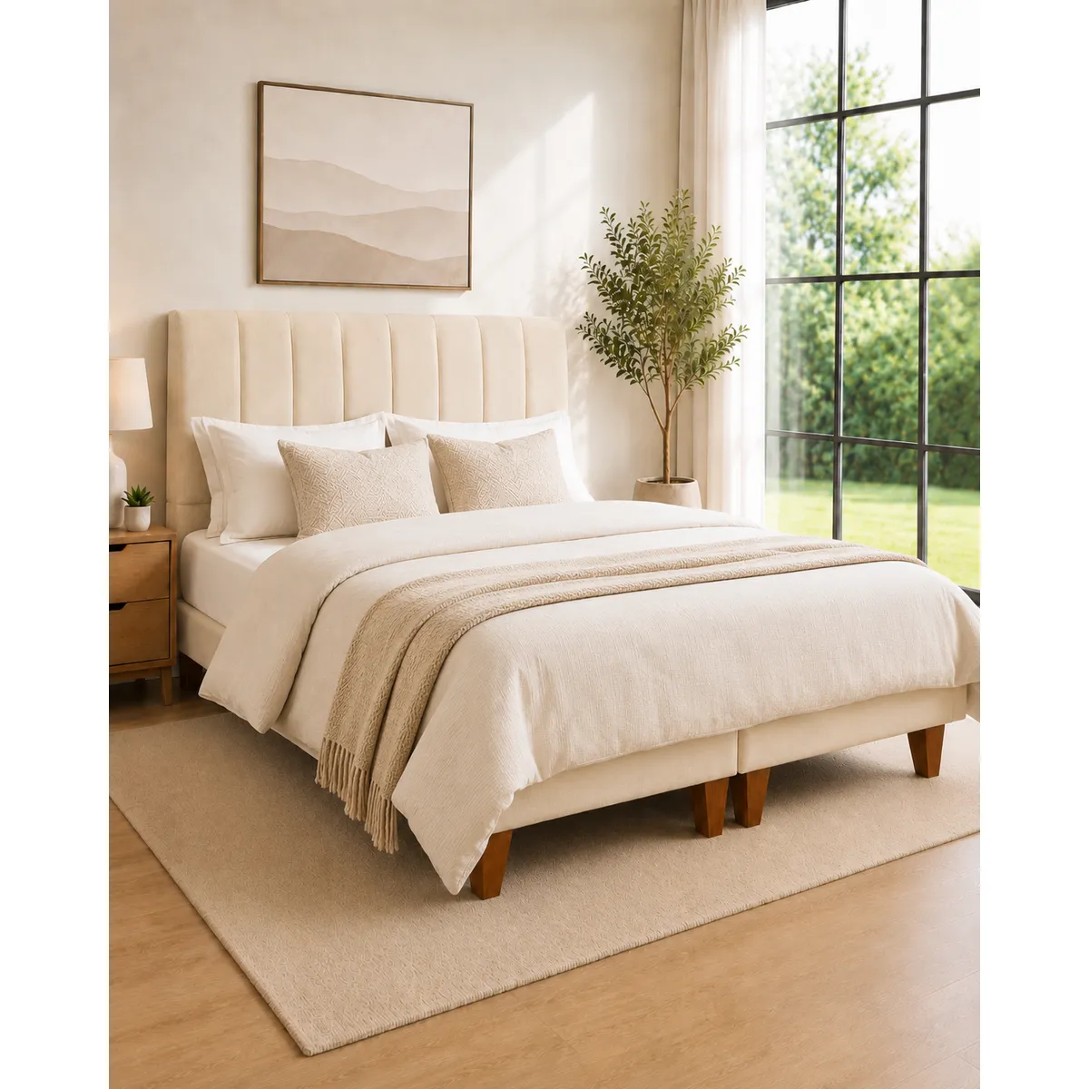 GENERICO - Cama 2 Plazas Completa Beige En Lino - Base Europea + Colchón Excellense Plus 25CM + Respaldo Tapizado