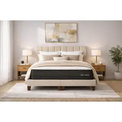 GENERICO - Cama 2 Plazas Completa Beige En Lino - Base Europea + Colchón Excellense Plus 25CM + Respaldo Tapizado