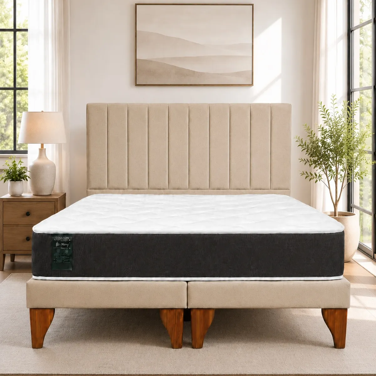 GENERICO - Cama 2 Plazas Completa Beige En Lino - Base Europea + Colchón Excellense Plus 25CM + Respaldo Tapizado