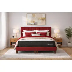 GENERICO - Cama 2 Plazas Completa Rojo En Lino - Base Europea + Colchón Mery Desing 25CM + Respaldo Tapizado
