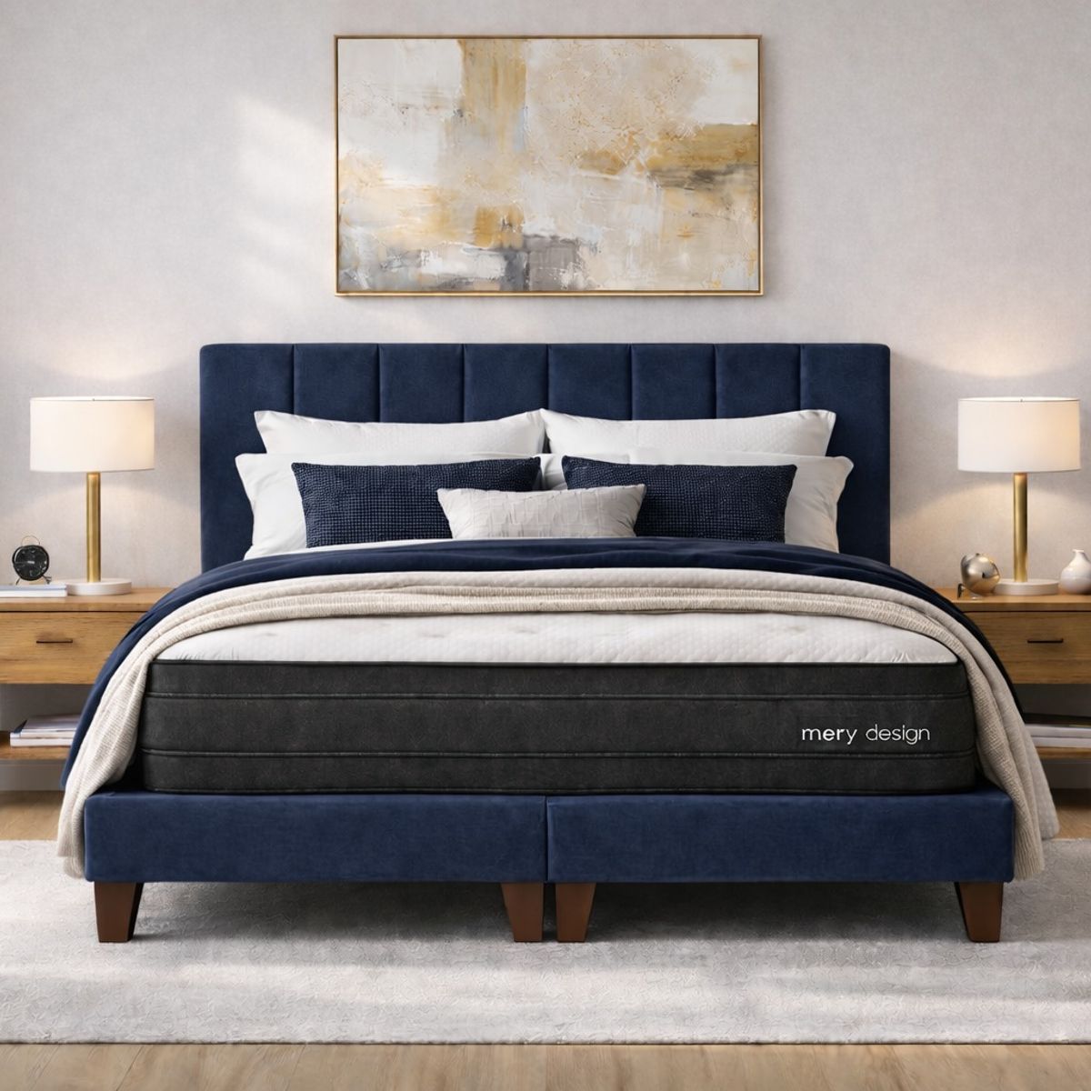 GENERICO - Cama 2 Plazas Completa Azul En Lino - Base Europea + Colchón Excellense Plus 25CM + Respaldo Tapizado