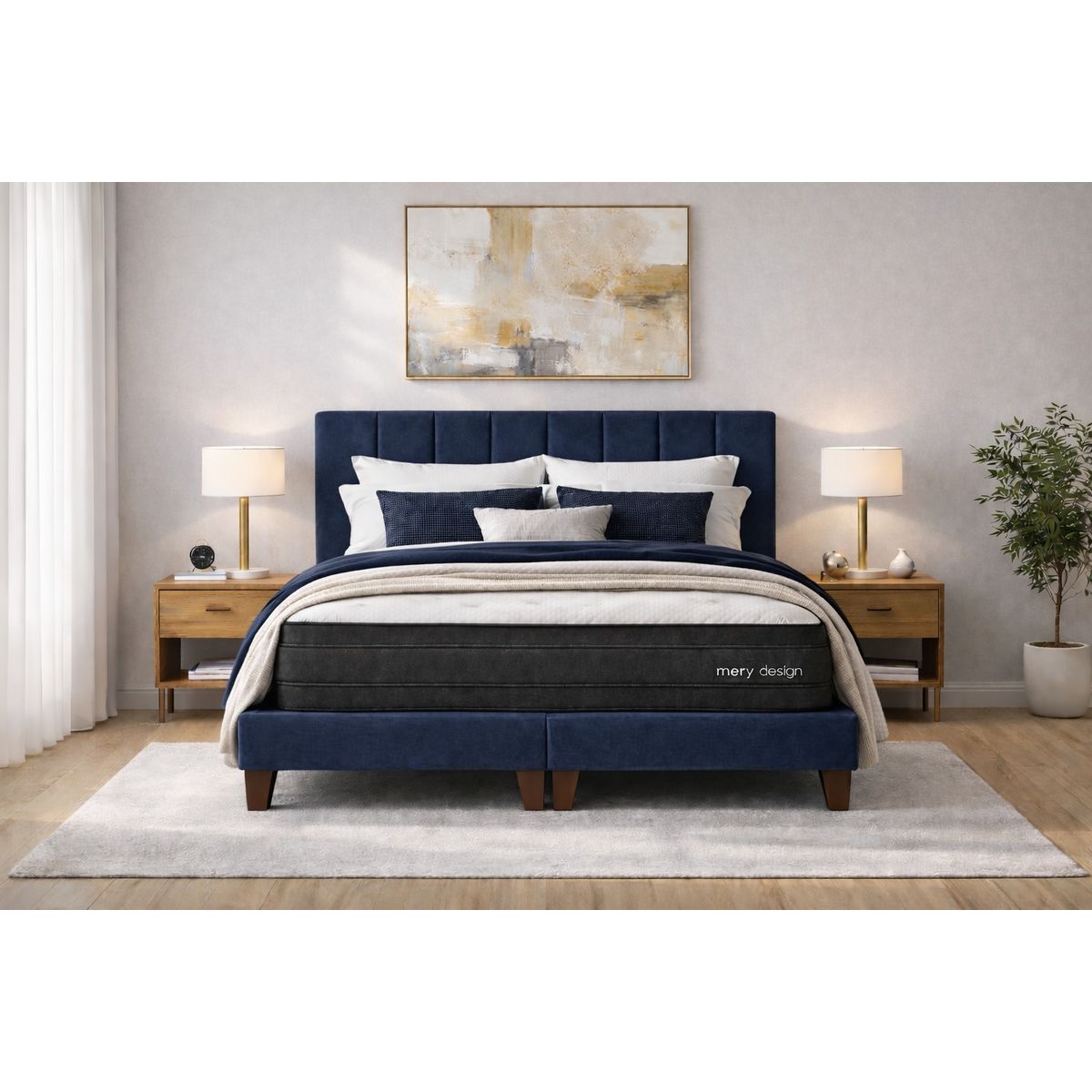 GENERICO - Cama 2 Plazas Completa Azul En Lino - Base Europea + Colchón Excellense Plus 25CM + Respaldo Tapizado