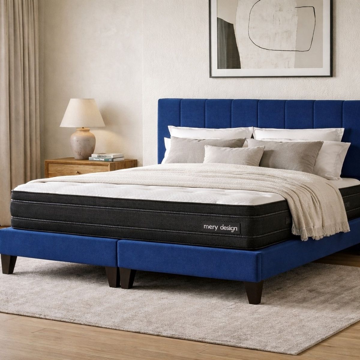 GENERICO - Cama 2 Plazas Completa Azul En Lino - Base Europea + Colchón Excellense Plus 25CM + Respaldo Tapizado