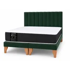 GENERICO - Cama 2 Plazas Completa Verde En Lino - Base Europea + Colchón Mery Desing 22CM + Respaldo Tapizado