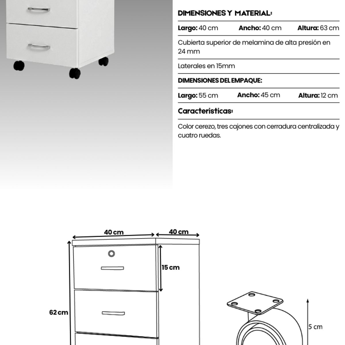 GENERICO - Cajonera móvil - 3 cajones - primer cajón con llave - medidas 62x40x40 - color Blanco - cubierta de 24 mm