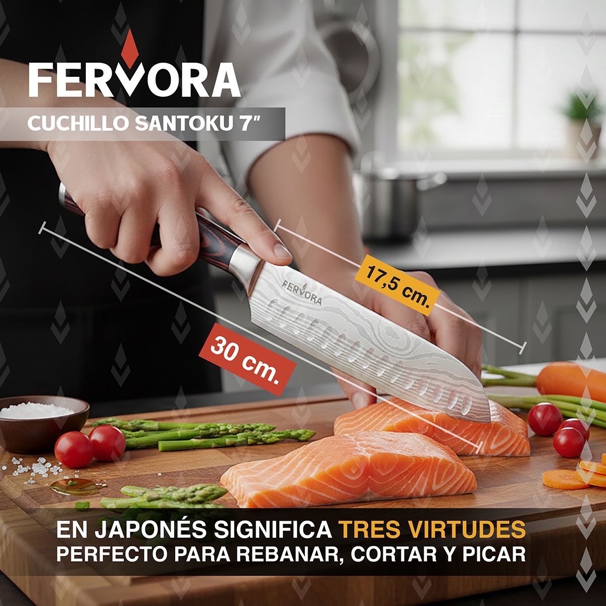 HOMELY - Cuchillo Santoku 18 cm Fervora Profesional  Cocina 7" Acero 3cr13 Filo.