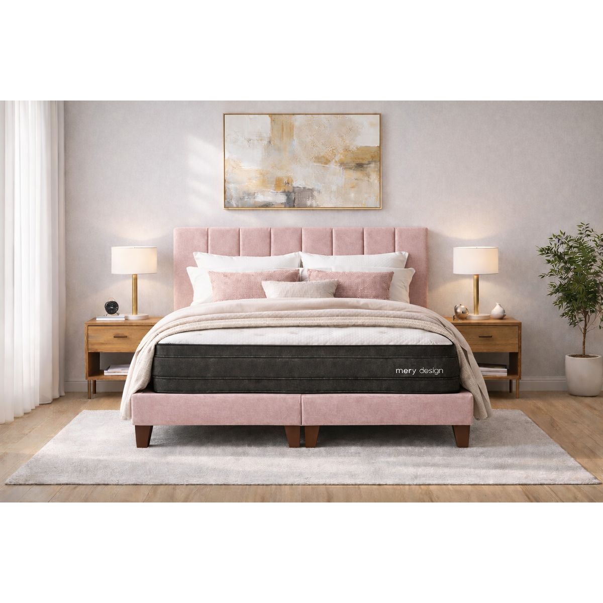 GENERICO - Cama 2 Plazas Completa Rosado En Lino - Base Europea + Colchón Mery Desing 25CM + Respaldo Tapizado