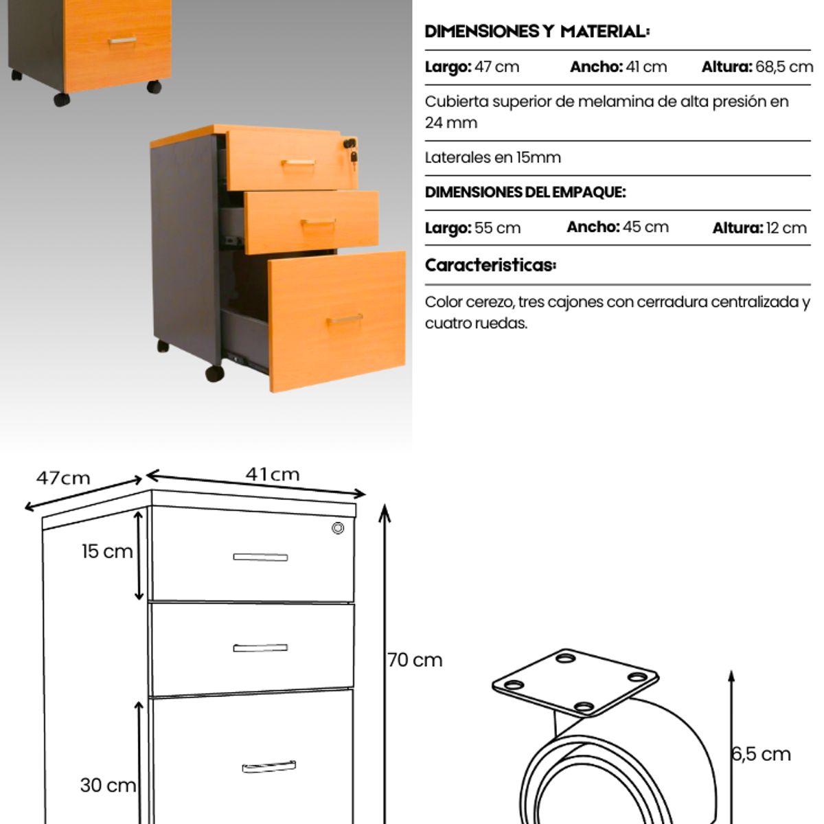 GENERICO - Cajonera móvil con Kardex - 2 cajones y 1 Kardex - Cierre centralizado - Color Peral -