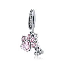 SILVER HEART - Charm Hueso y Huella de Perro Cristal Rosa en Plata Fina 925