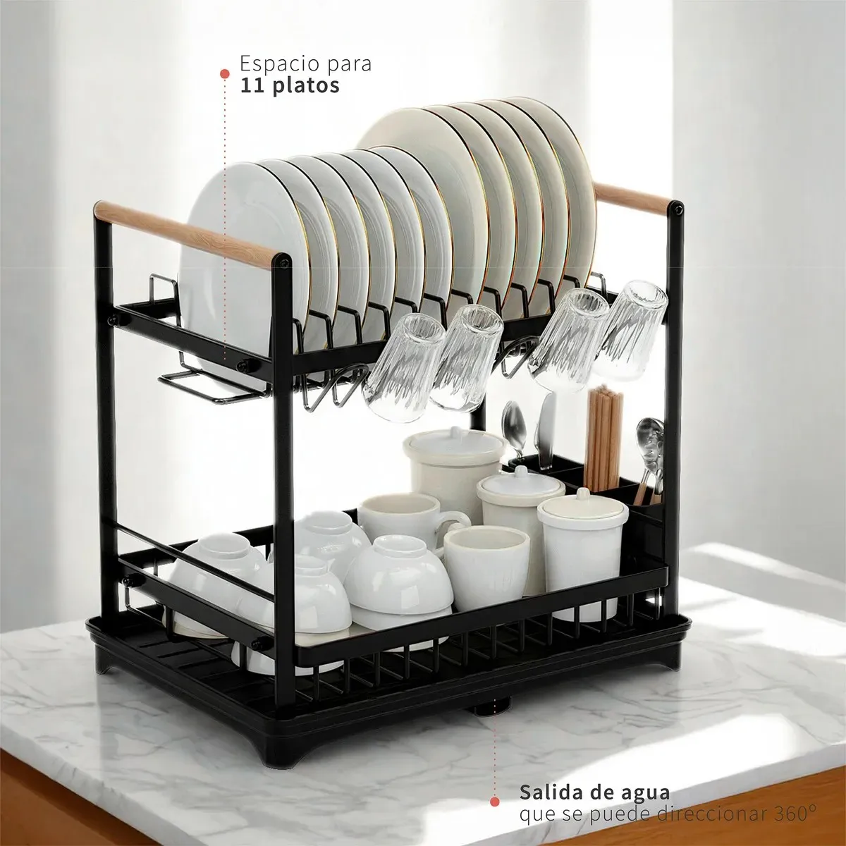 GENERICO - Secaplatos Escurridor Acero Inox Valencia 2 Niveles Negro BELUG