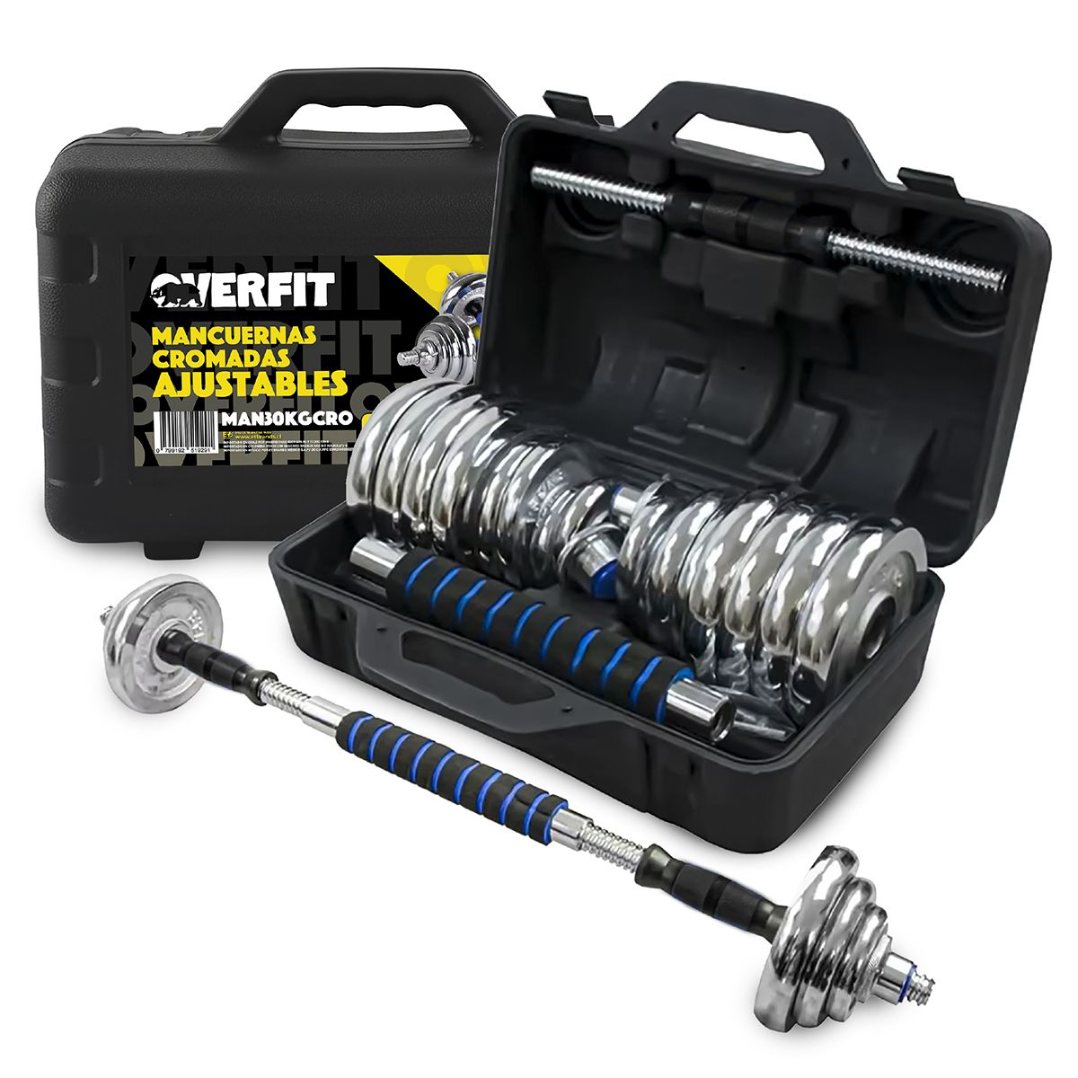OVERFIT - Mancuernas Cromadas 30kg Ajustables + Barra Unibles Overfit Fuerza Gym