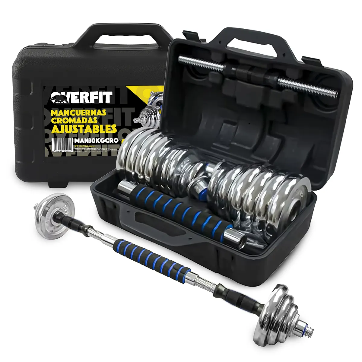 OVERFIT - Mancuernas Cromadas 30kg Ajustables + Barra Unibles Overfit Fuerza Gym