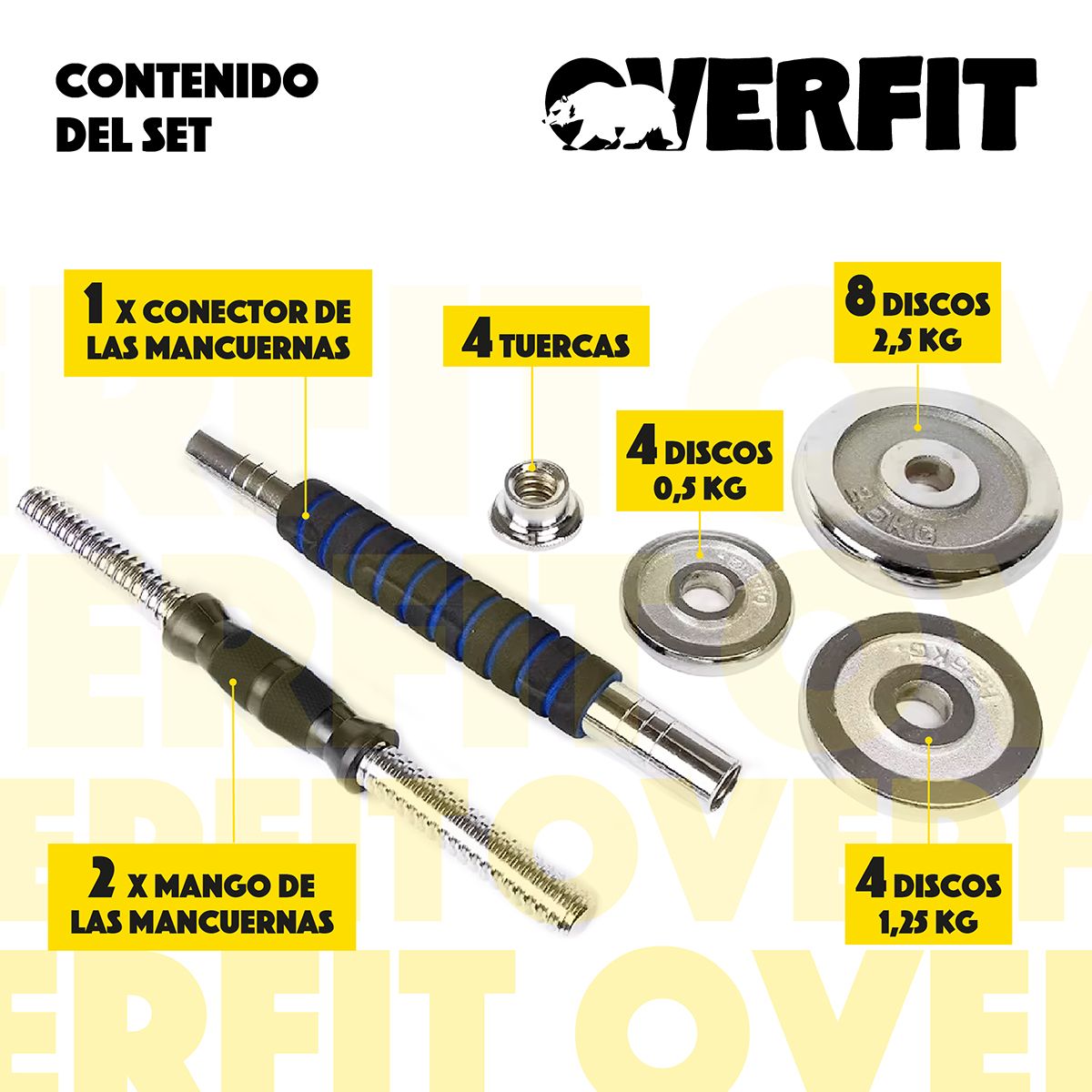OVERFIT - Mancuernas Cromadas 30kg Ajustables + Barra Unibles Overfit Fuerza Gym