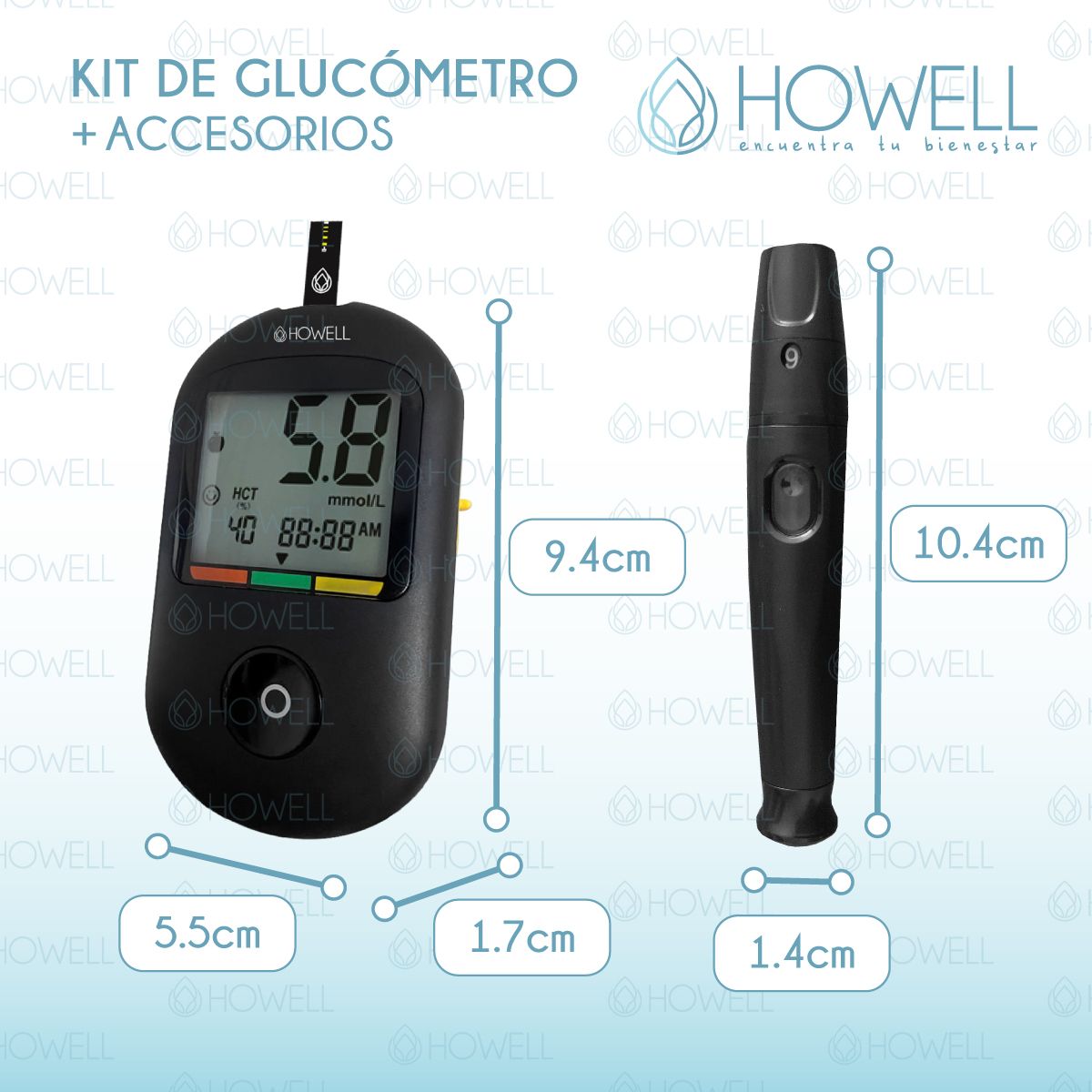 HOWELL - Kit Glucometro Digital Howell BG-710b Bluetooth 10 Tiras 10 Lancetas