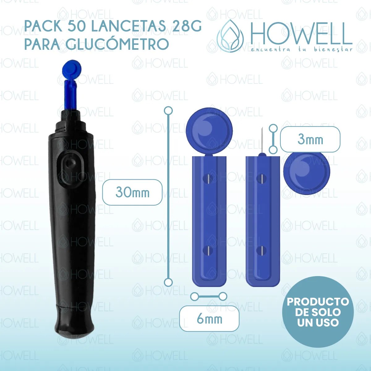 HOWELL - Pack 50 Lancetas Glucometro Howell 28G Ultrafinas Desechables