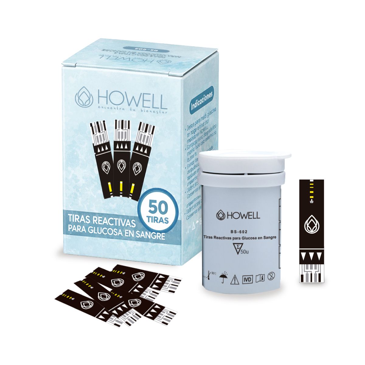 HOWELL - Pack 50 Tiras Reactivas Glucosa Howell BS-602 Para Glucometro BG-710b
