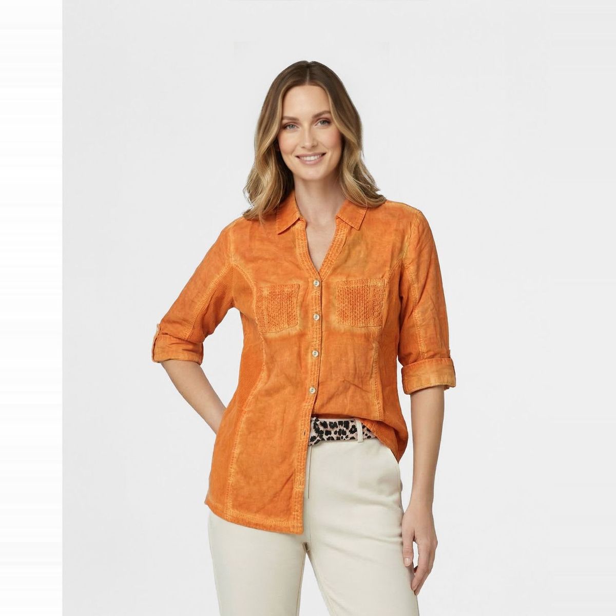 LINEATRE - Blusa Mujer Bernadette Entallada Con Ajuste De Mangas Naranja Lineatre