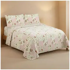 GENERICO - Juego de Sábanas Polar 1.5 Plazas - Beige Cuadrille Rosas B05