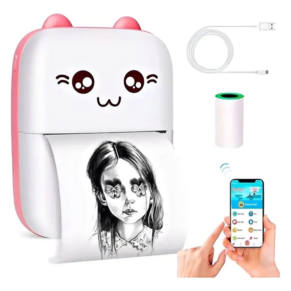 GENERICO - Impresora Sublimación Atena Mini Gato Infantil Bluetooth Blanca Portátil