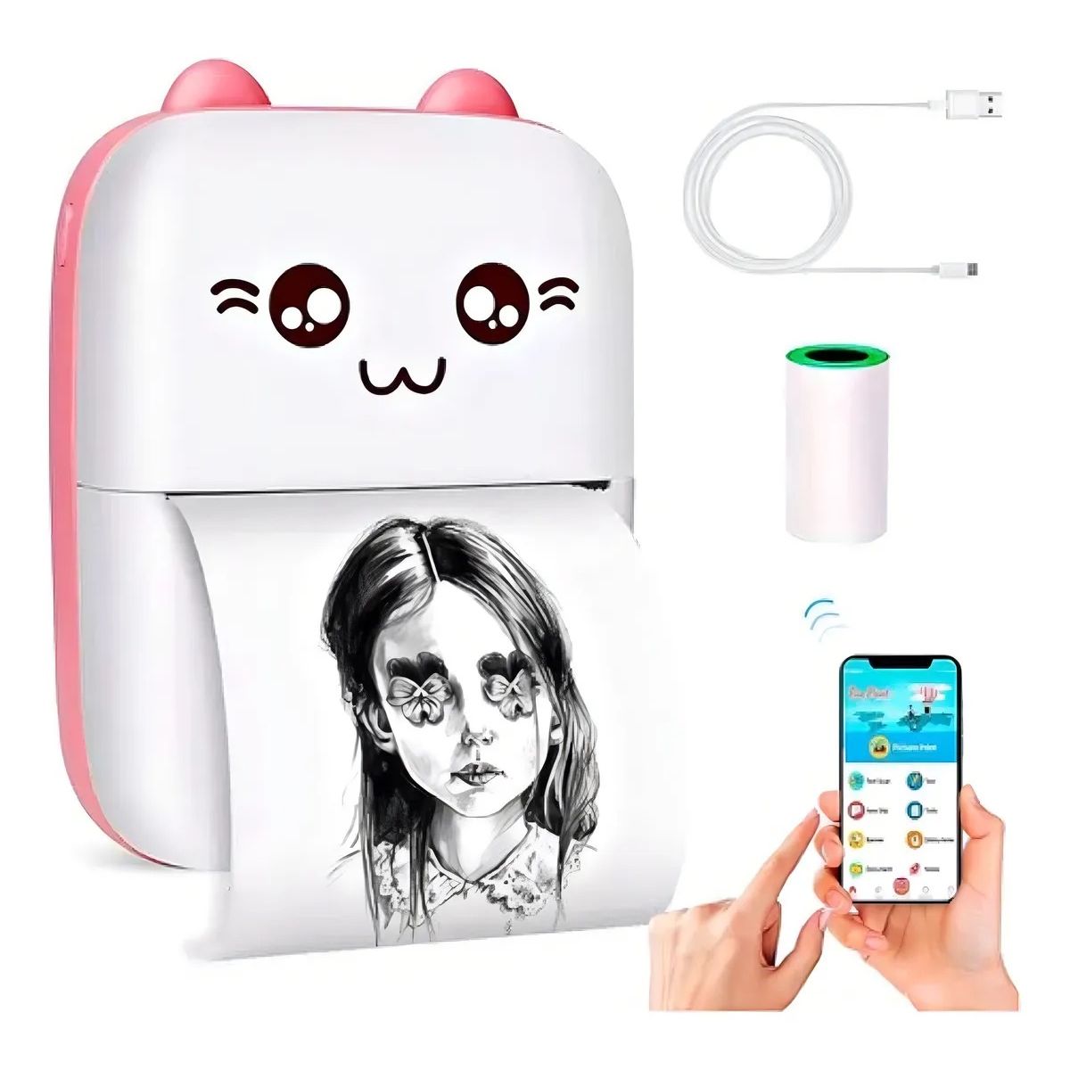 GENERICO - Impresora Sublimación Atena Mini Gato Infantil Bluetooth Blanca Portátil