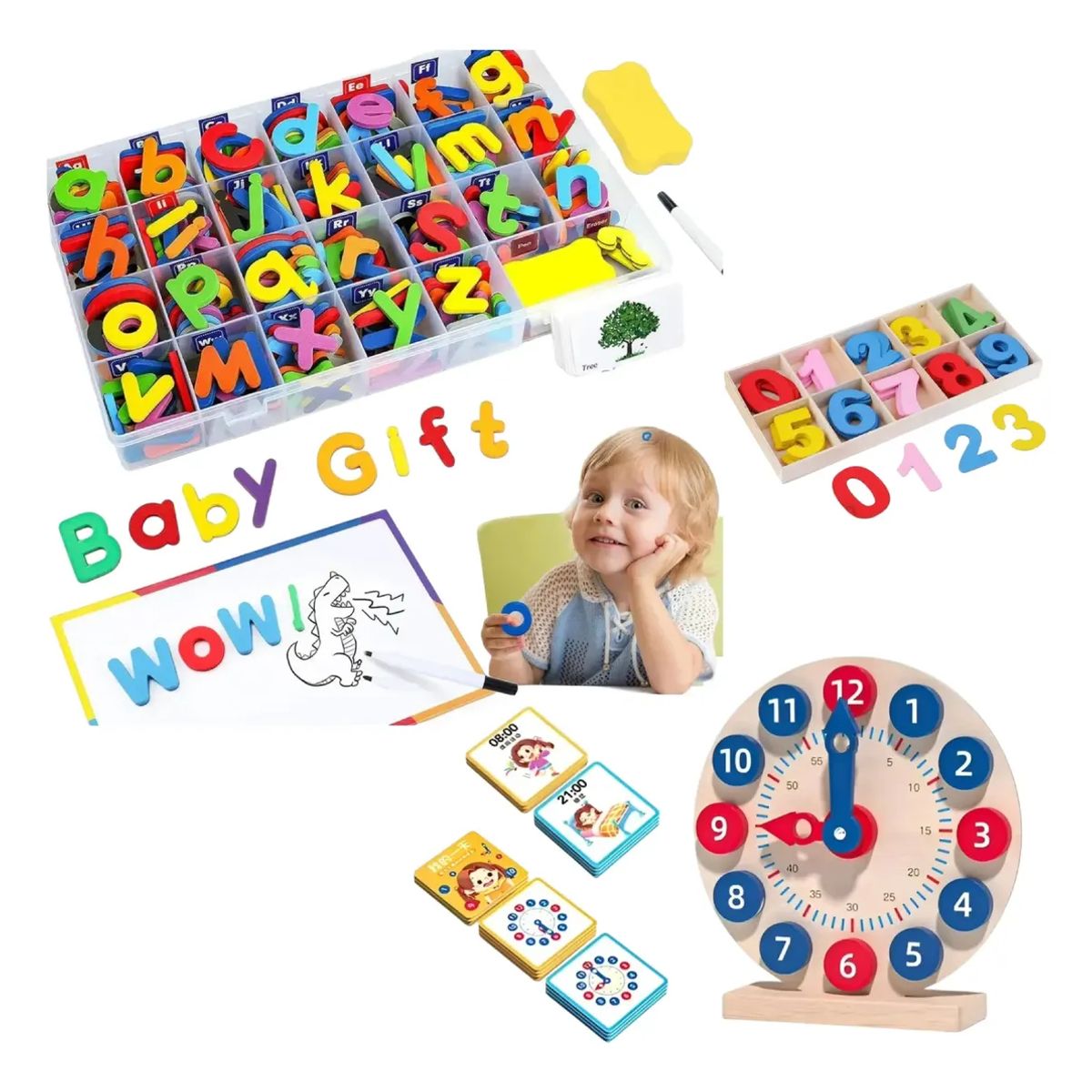 GENERICO - Kit Juegos Educativos Preescolar Aprendizaje Didáctico Letras magnéticas, Números, Reloj Madera
