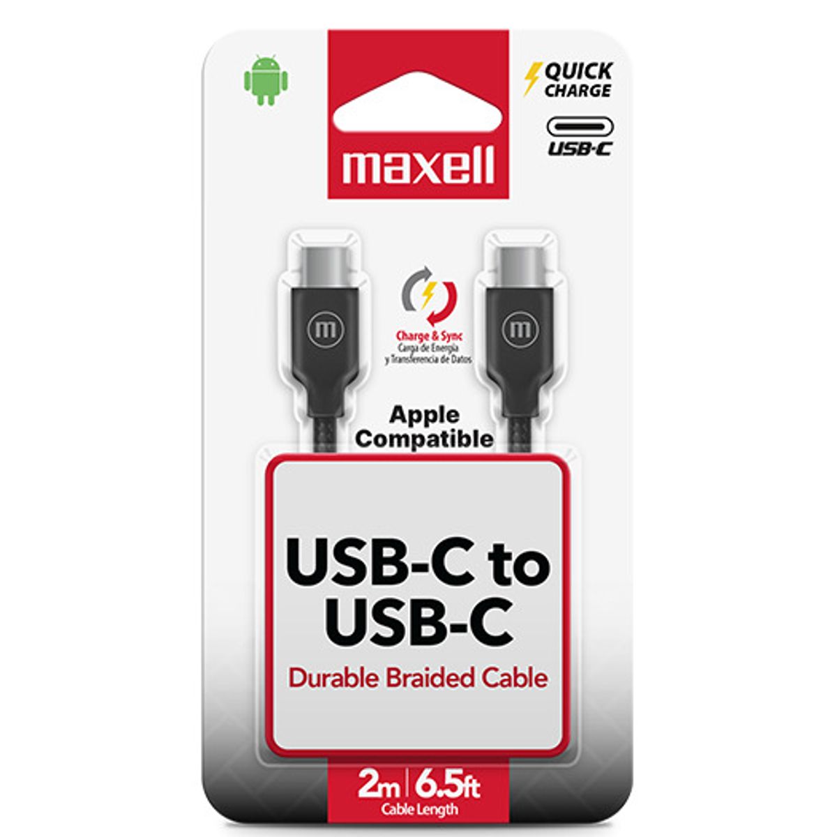 MAXELL - Cable Trenzado USB C a USB C Maxell 2 Metros Carga Rápida Negro