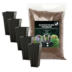 GENERICO - Pack 5 Maceteros Cuadrado 9x9x19 de 1 Litro + Sustrato 10 L