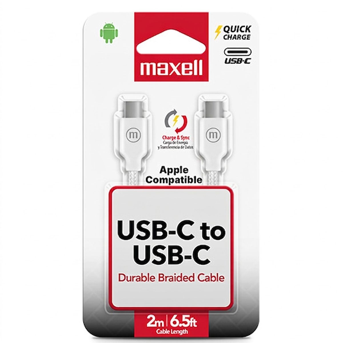 MAXELL - Cable Trenzado USB C a USB C Maxell 2 Metros Carga Rápida Blanco