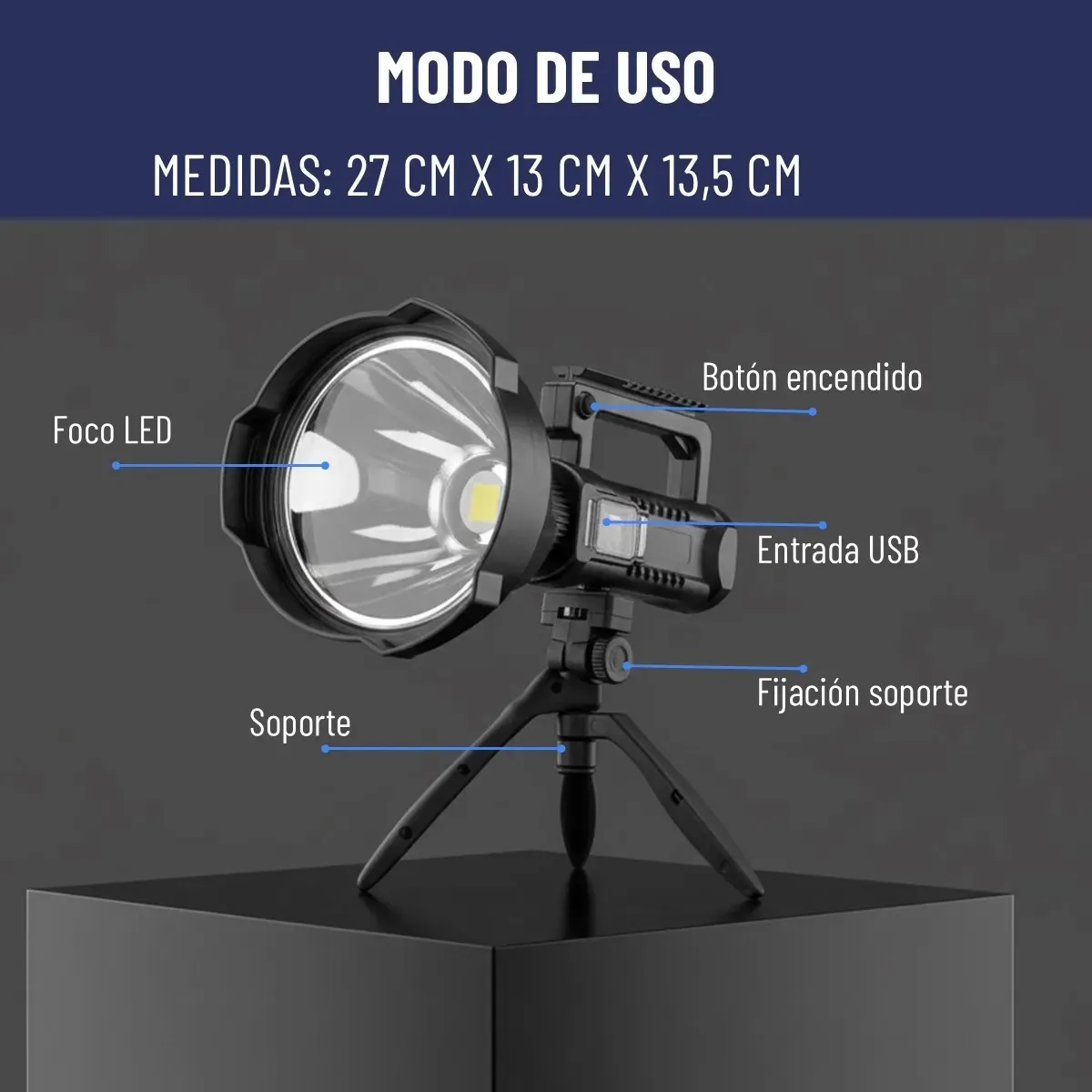 GENERICO - Linterna Foco Largo Alcance Ultra Bright Recargable Usb trípode con luz Blanca BELUG