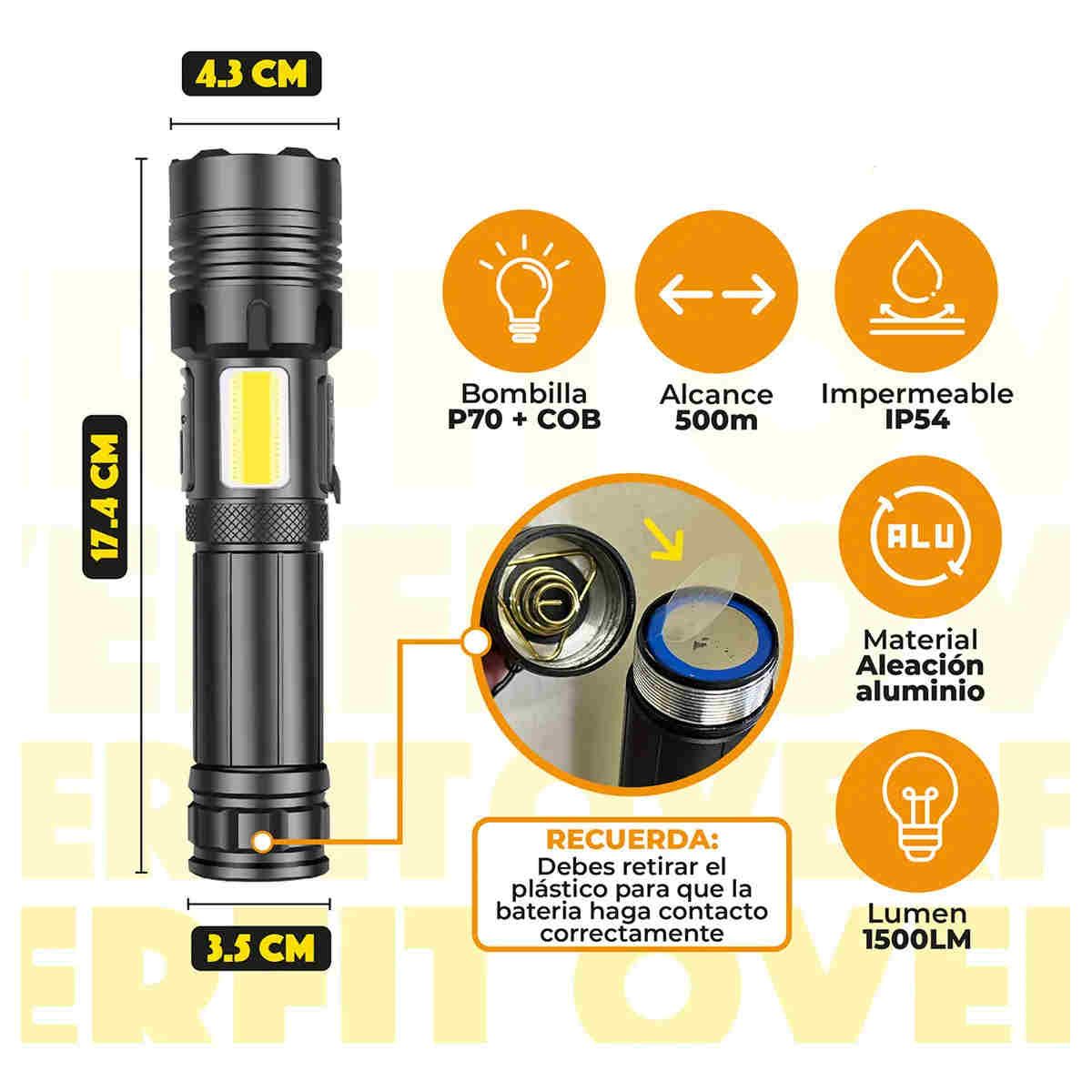 GENERICO - Linterna Led Largo Alcance Tactica Recargable 1500LM BELUG