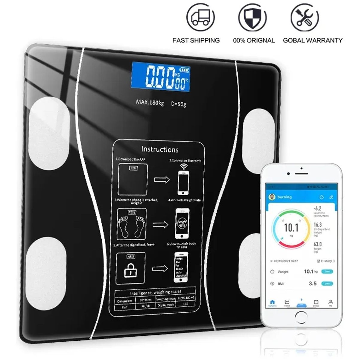 GENERICO - Balanza corporal digital inteligente con Bluetooth