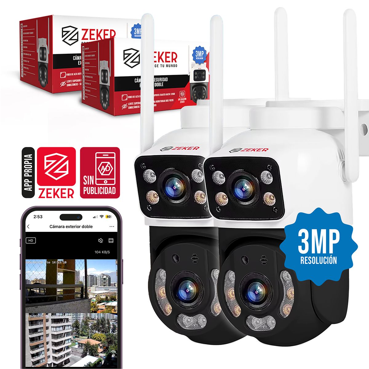 ZEKER - Pack X2 Camara De Seguridad 2.4g Zeker Doble 3mp Impermeable.