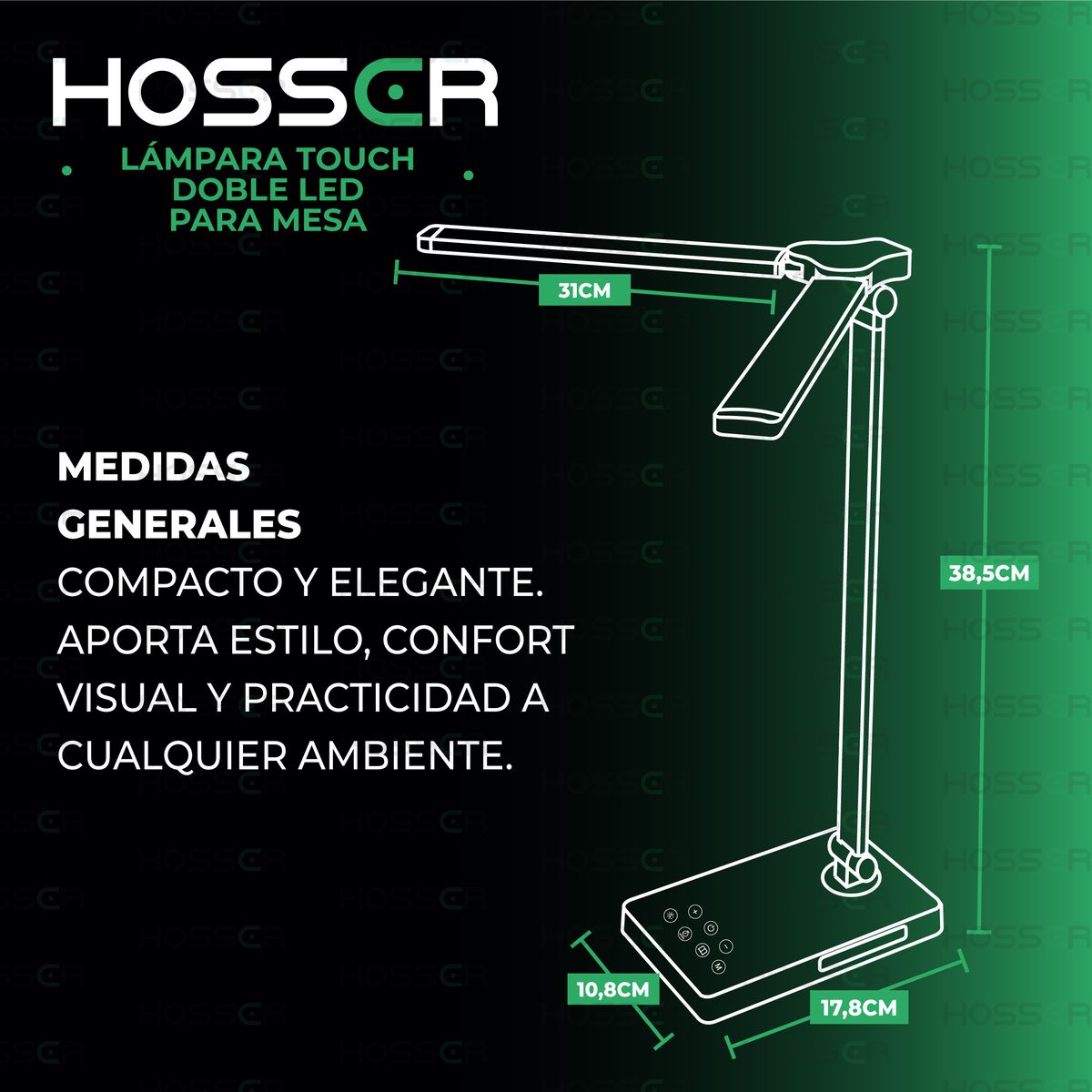 HOSSER - Lampara de Mesa LED Doble Hosscr Touch 10W 400lm Negro Regulable