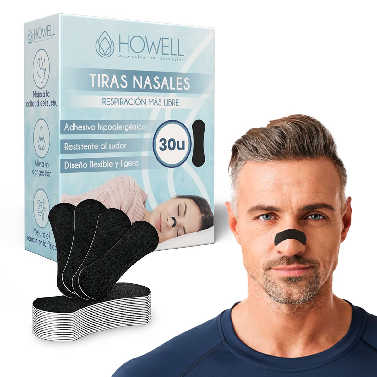 HOWELL - Tiras Nasales Dilatador Nasal Howell 30 Unidades Negro Antironquidos.