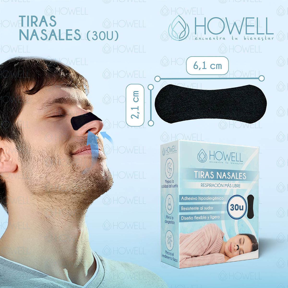 HOWELL - Tiras Nasales Dilatador Nasal Howell 30 Unidades Negro Antironquidos.
