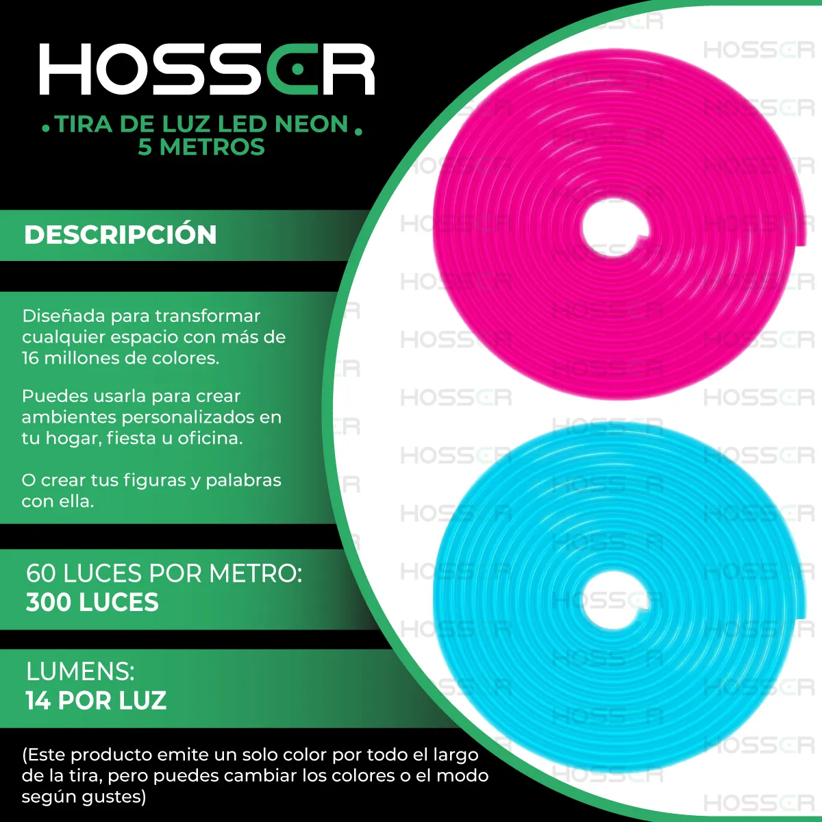 HOSSER - Tiras Luces Led Neon Flex Hosser Cinta Led 50W Alexa Rgb 5Mt IP67 Tuya