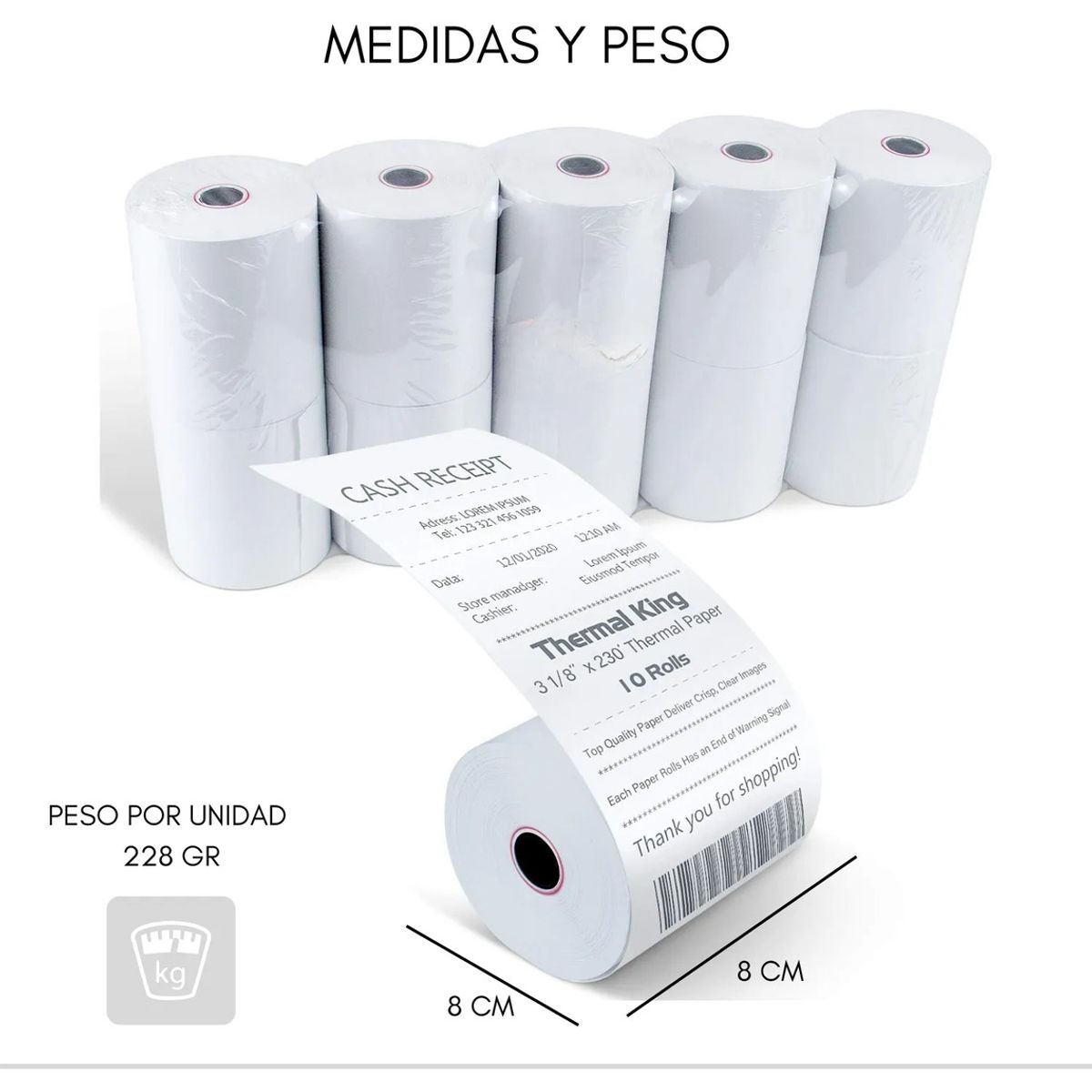 GENERICO - Caja X5 Rollos Termicos 80mm X 80mm Rollo Papel Térmico Cinta Color Blanco