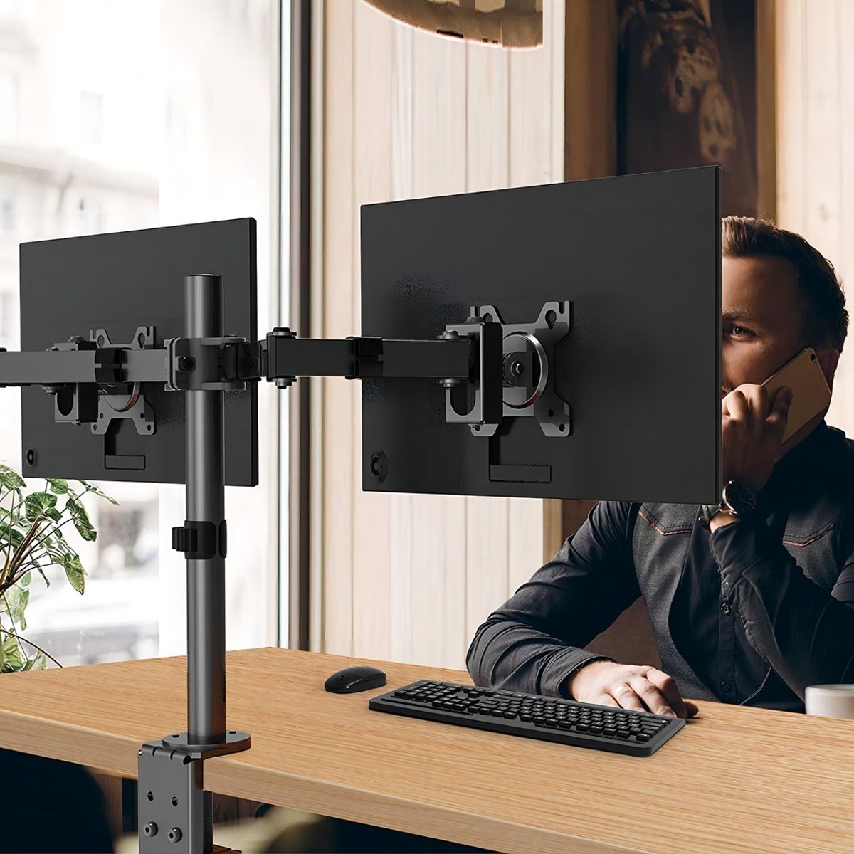 GENERICO - Brazo Soporte Monitor Base Para Monitor Dobl Alzador Monitor Color Negro