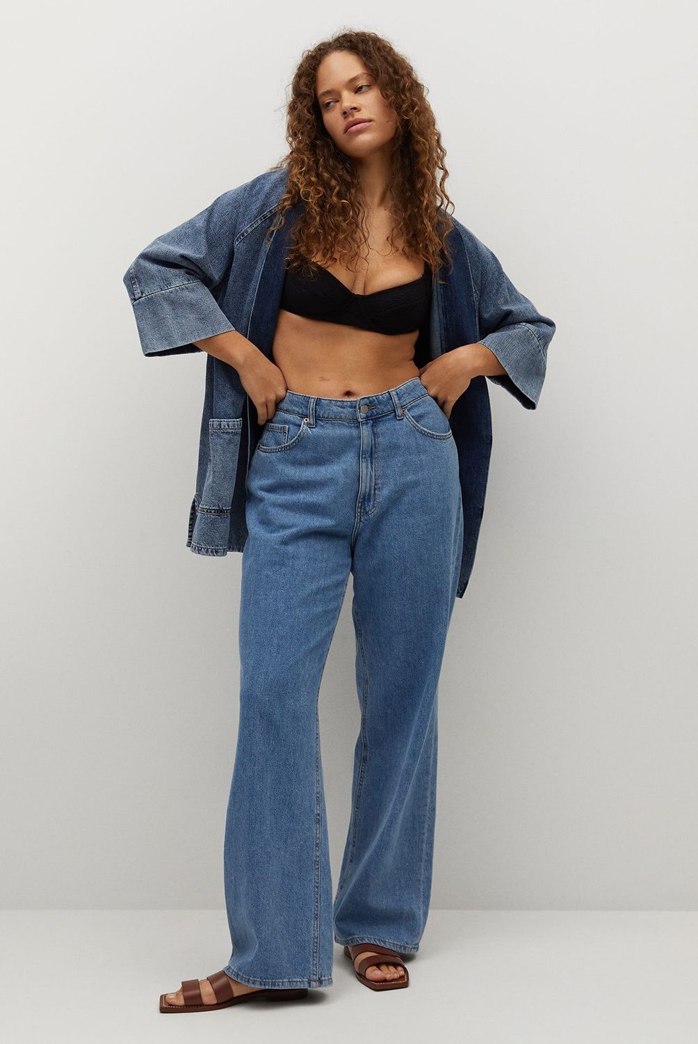 VIOLETA BY MANGO - Chaqueta Kimono Denim Manga 3/4 Harajuku Mujer