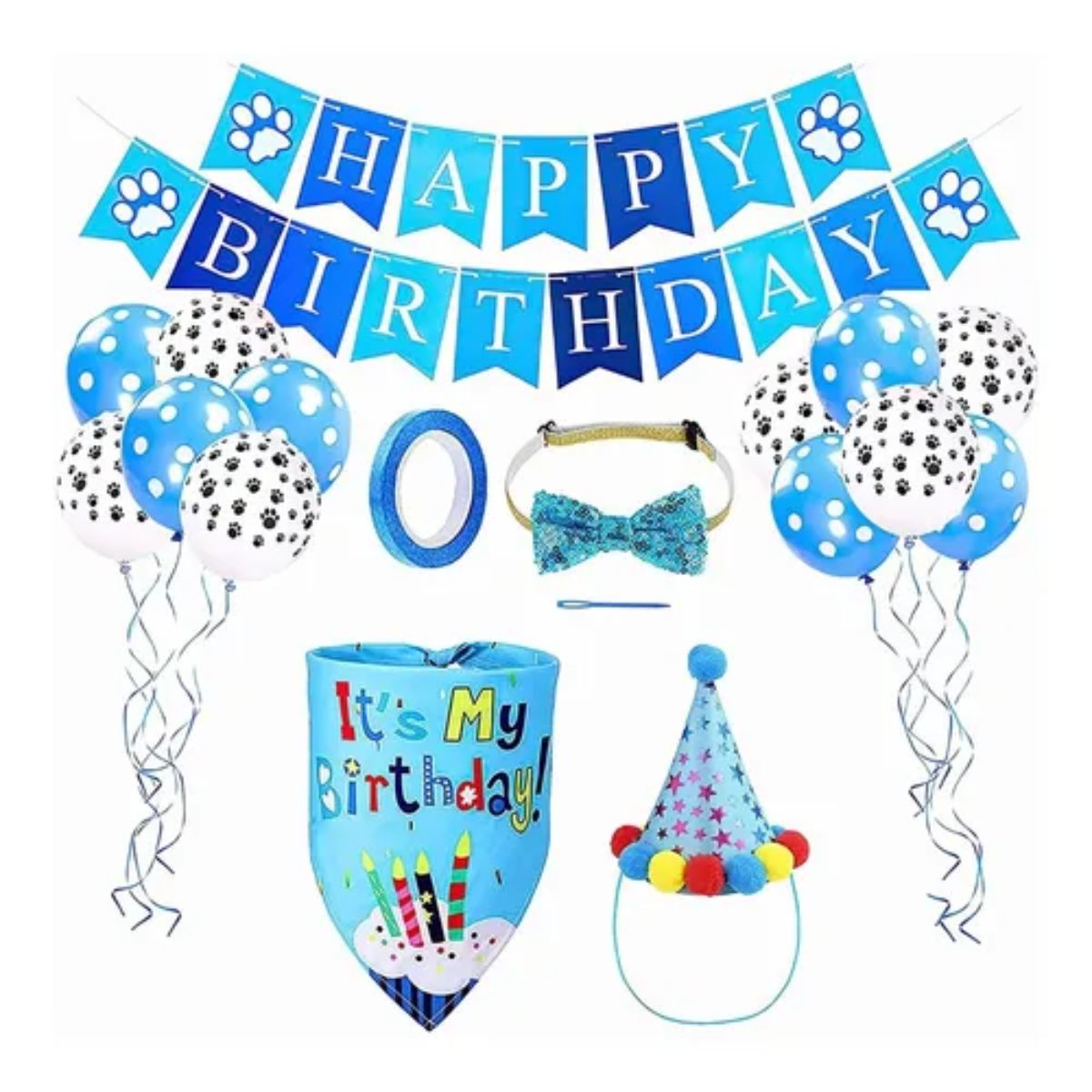 GENERICO - Kit Decoración Cumpleaños Para Perro Bandana Gorro Globos