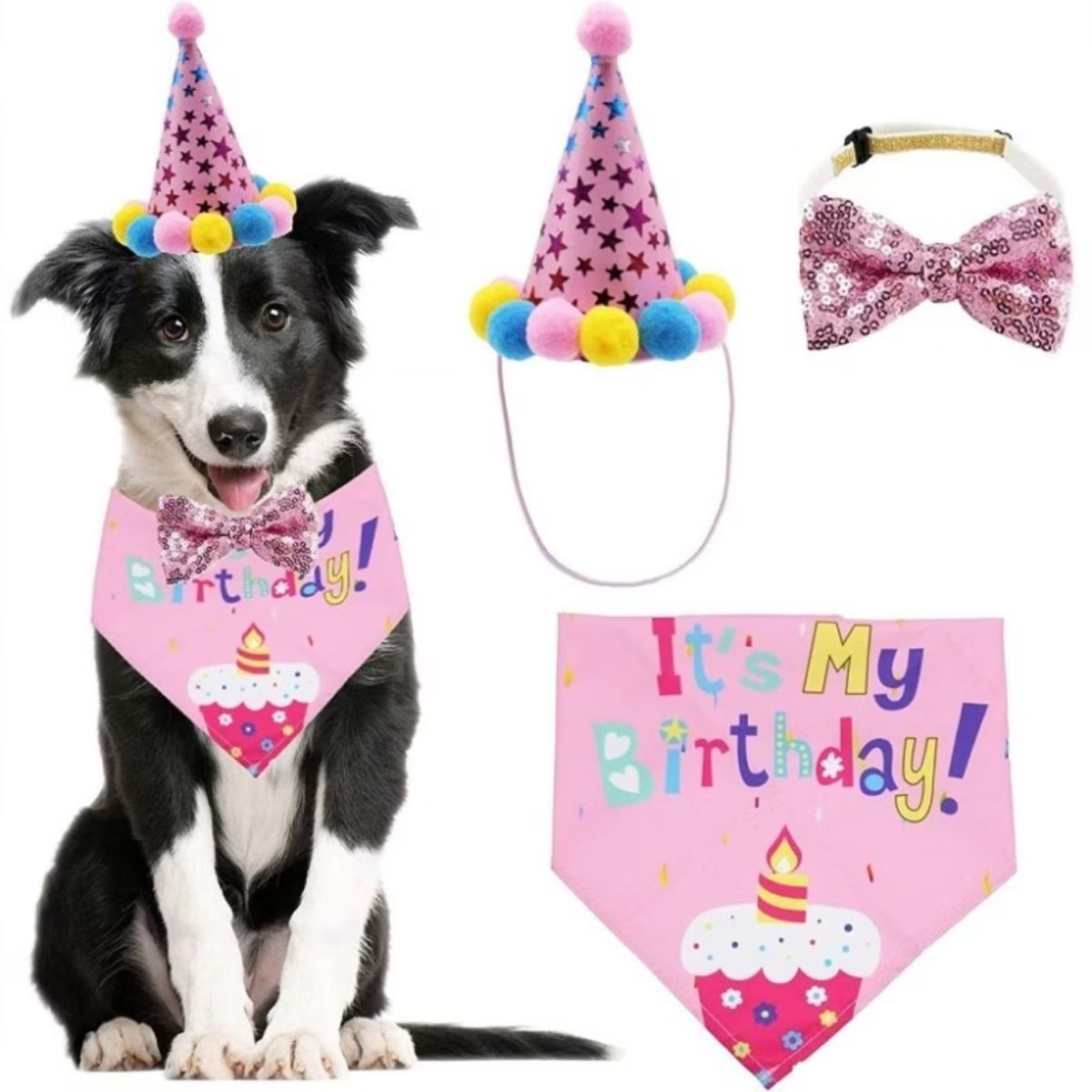 GENERICO - Kit De Decoración Rosa Cumpleaños Perro Bandana Gorro Globos