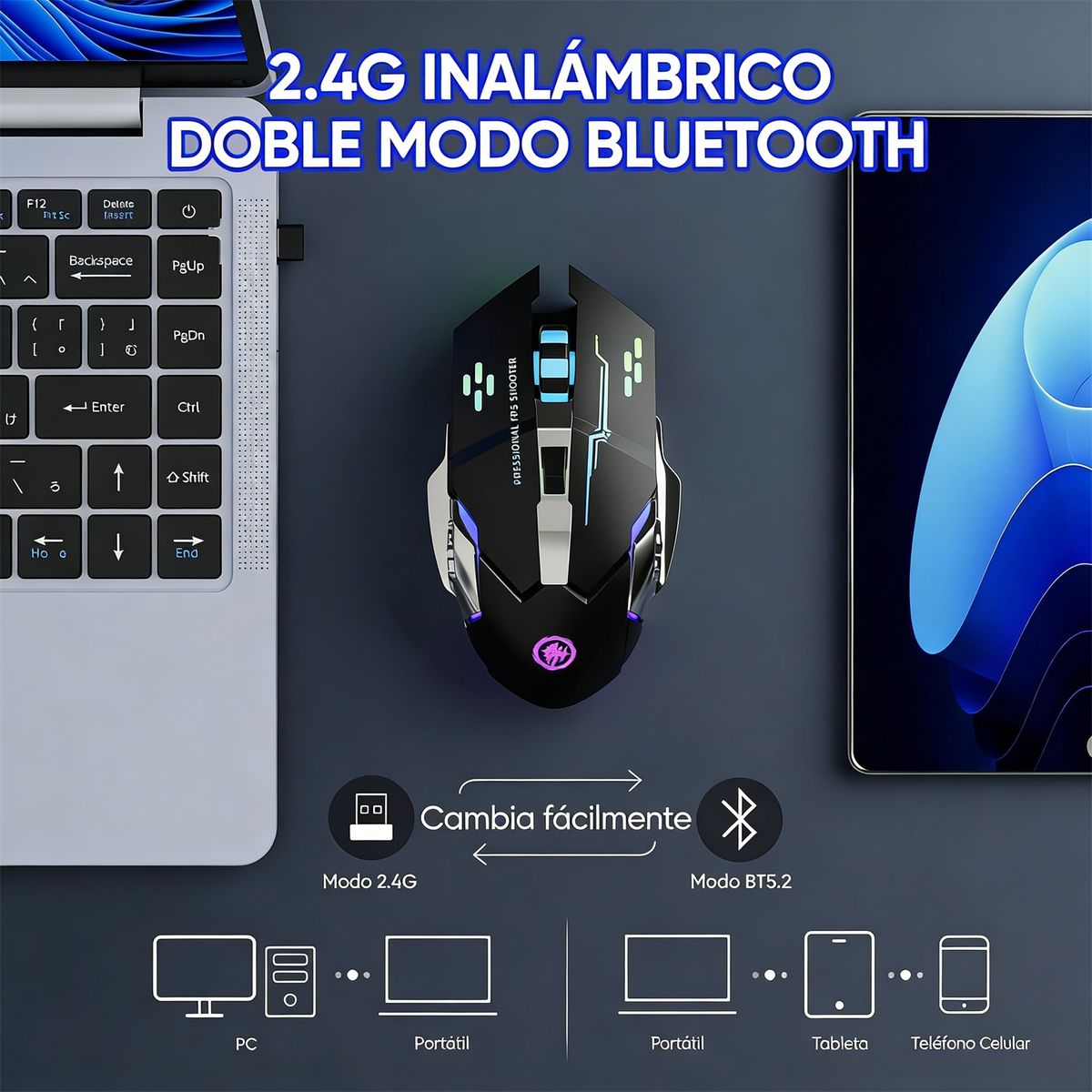 GENERICO - Ratón Inalámbrico Para Juegos Silencioso USB Recargable Con Luz Para Laptop Mac