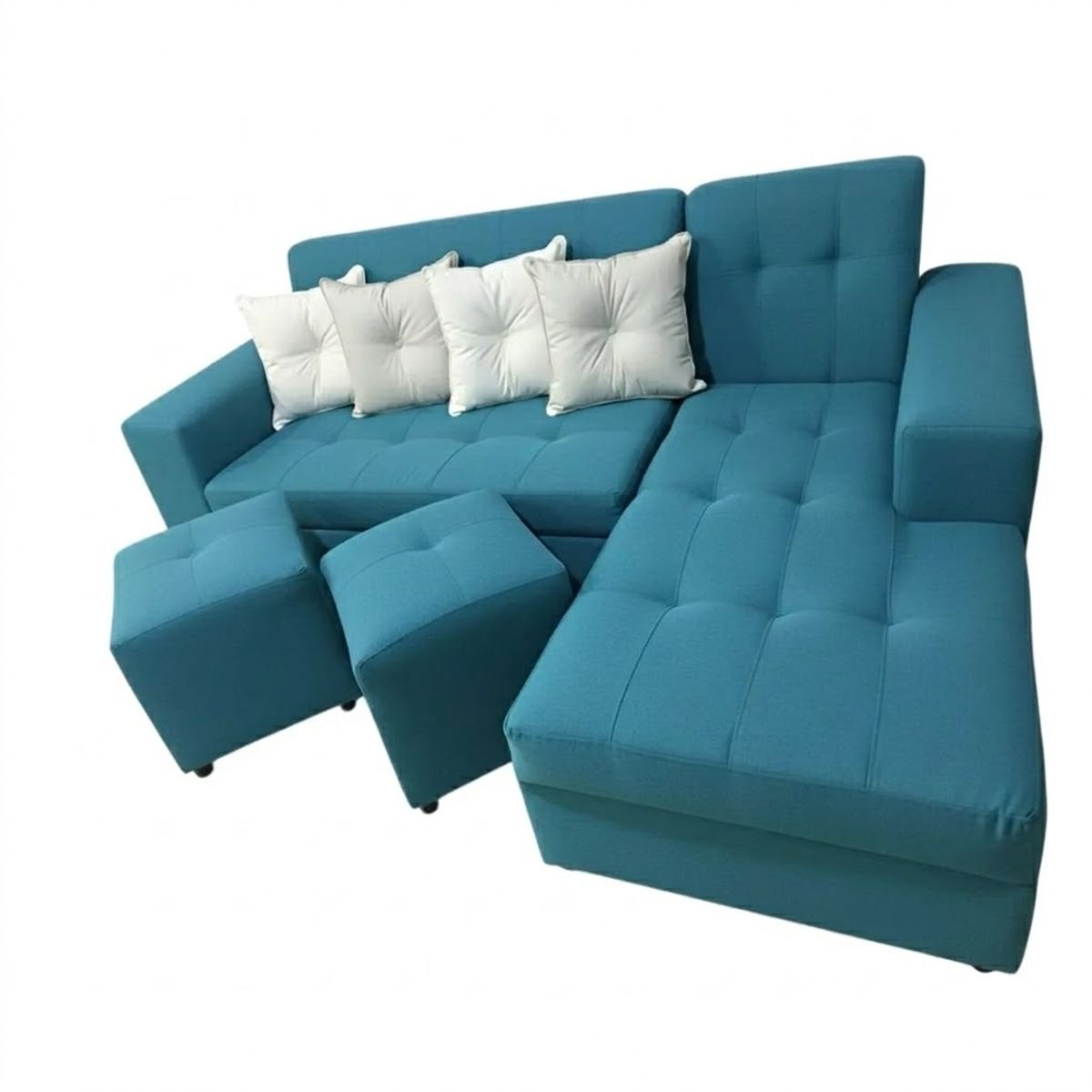 GENERICO - Sofa Seccional L 3 Cuerpos + 2 Puff Turquesa Lino