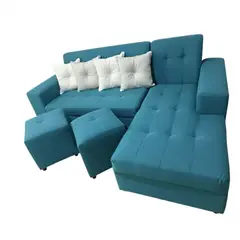 GENERICO - Sofa Seccional L 3 Cuerpos + 2 Puff Turquesa Lino