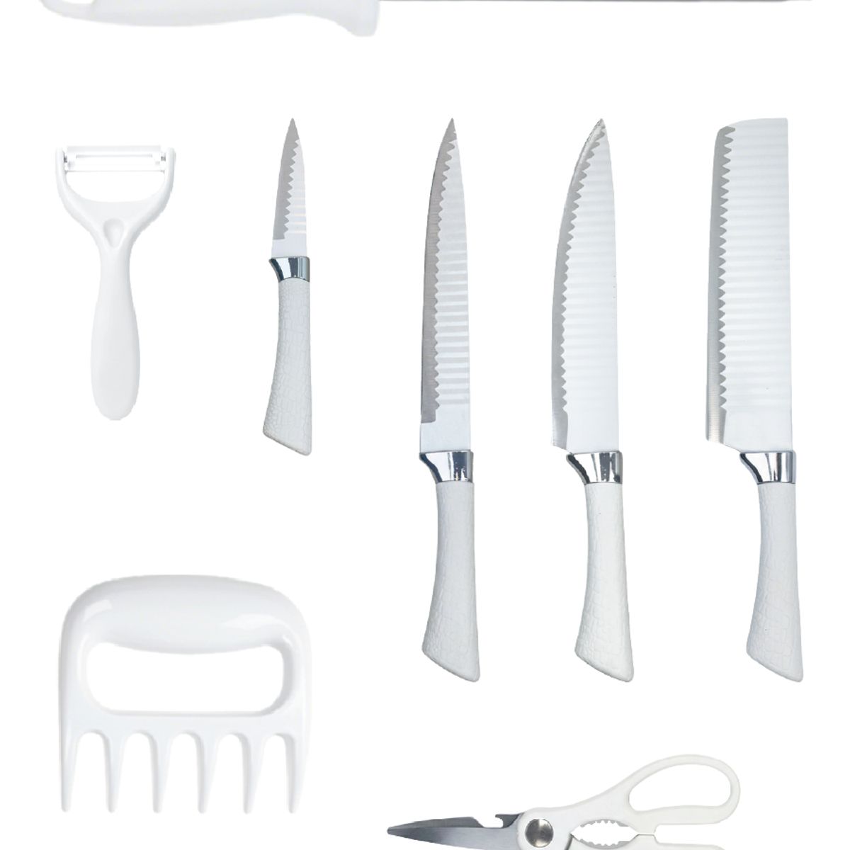 SIN TOYO - Set Cuchillos Cocina Acero Inox. con Pelador, Tijeras y Garra Carne. Solución Integral Colores.