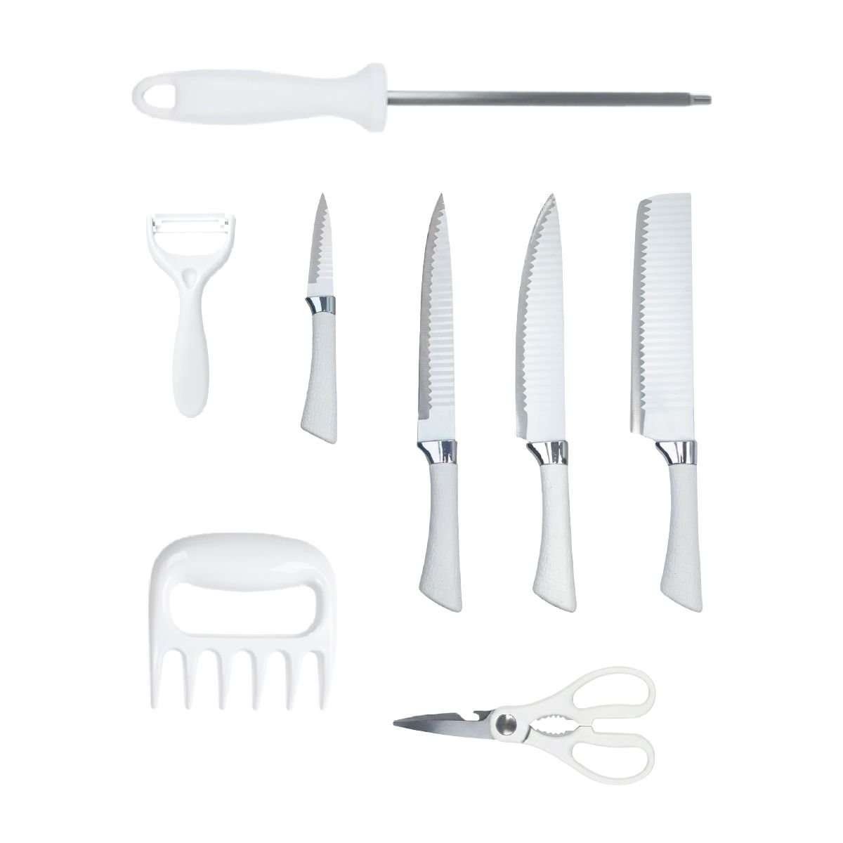 SIN TOYO - Set Cuchillos Cocina Acero Inox. con Pelador, Tijeras y Garra Carne. Solución Integral Colores.