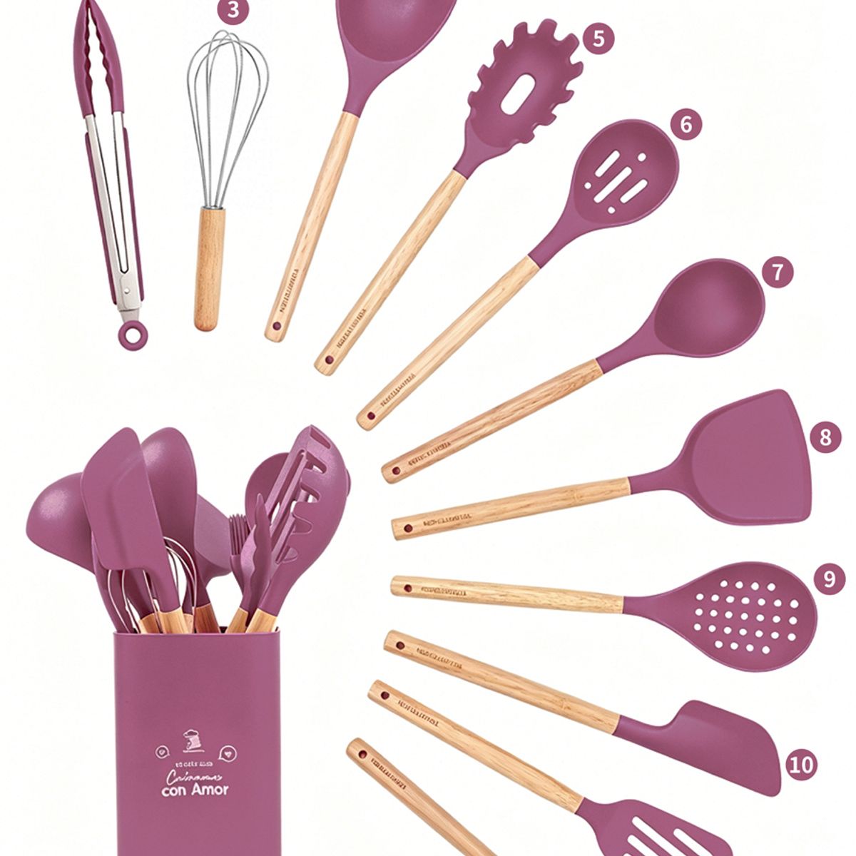 YOLIKITCHEN - Set Utensilios Cocina Silicona 12 Piezas c/Mango Madera. Antiadherente,Resistente Calor,Organizador.