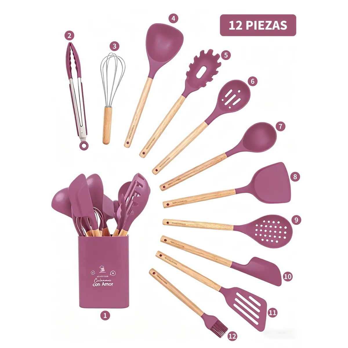 YOLIKITCHEN - Set Utensilios Cocina Silicona 12 Piezas c/Mango Madera. Antiadherente,Resistente Calor,Organizador.